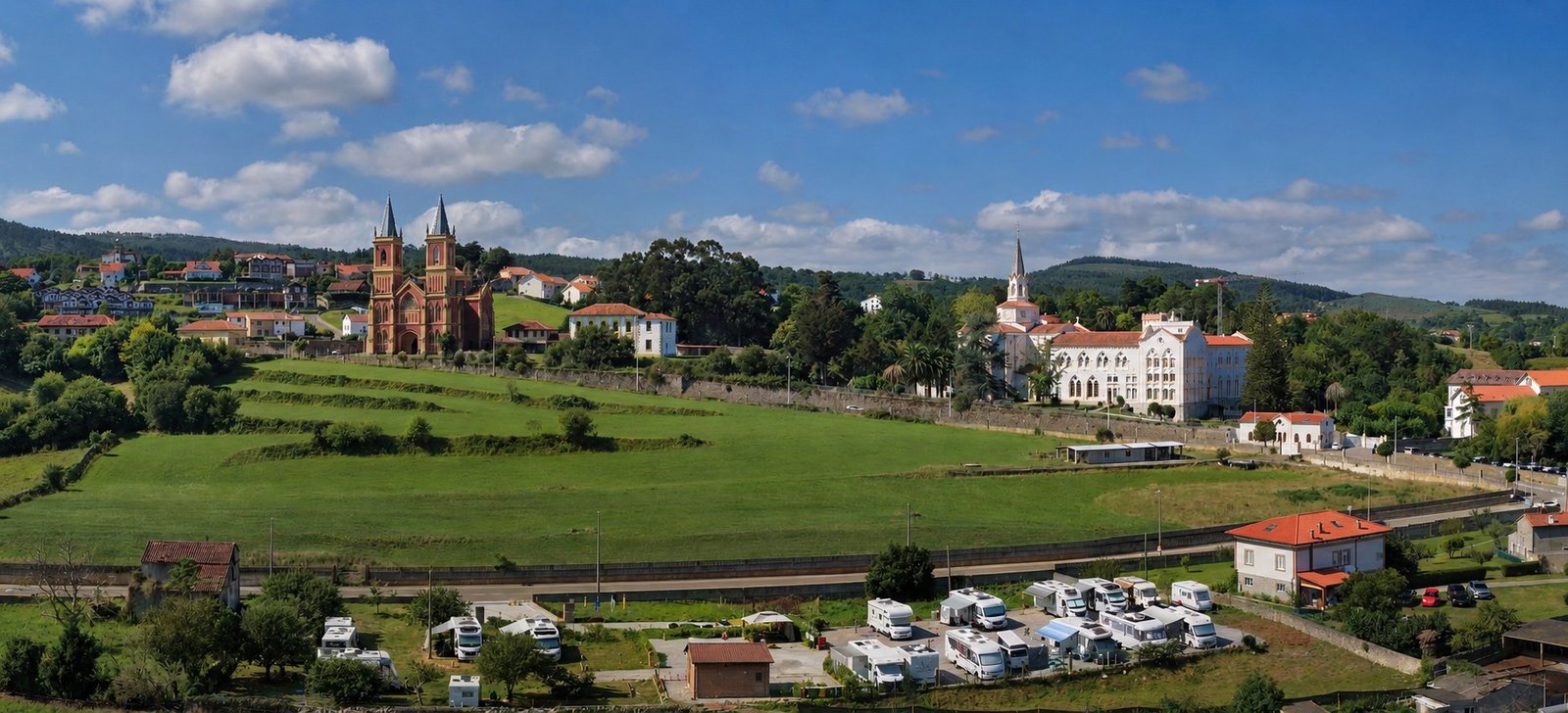 Cóbreces, Cantabria, con la iglesia de San Pedro Advíncula, la Abadía de Viaceli y el área de autocaravanas